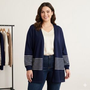 CJ Banks Navy Nautical Stripe Pointelle Open Front Cardigan Sweater PJUS SZ 3X